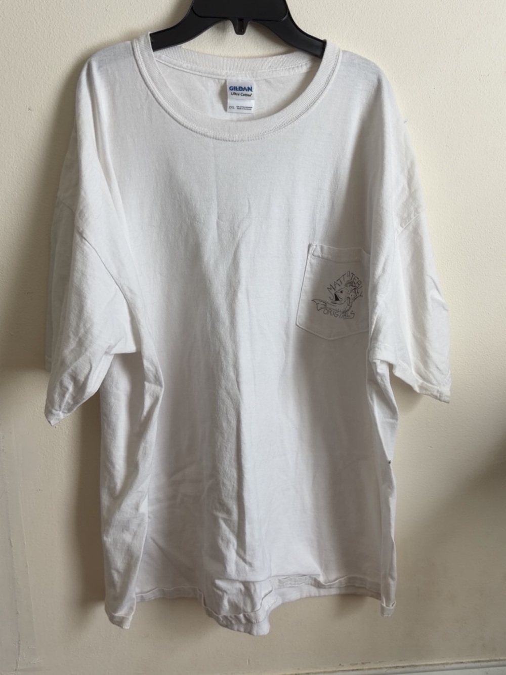 Gildan White Short-Sleeve Pocket Tee with Small Chest Graphic